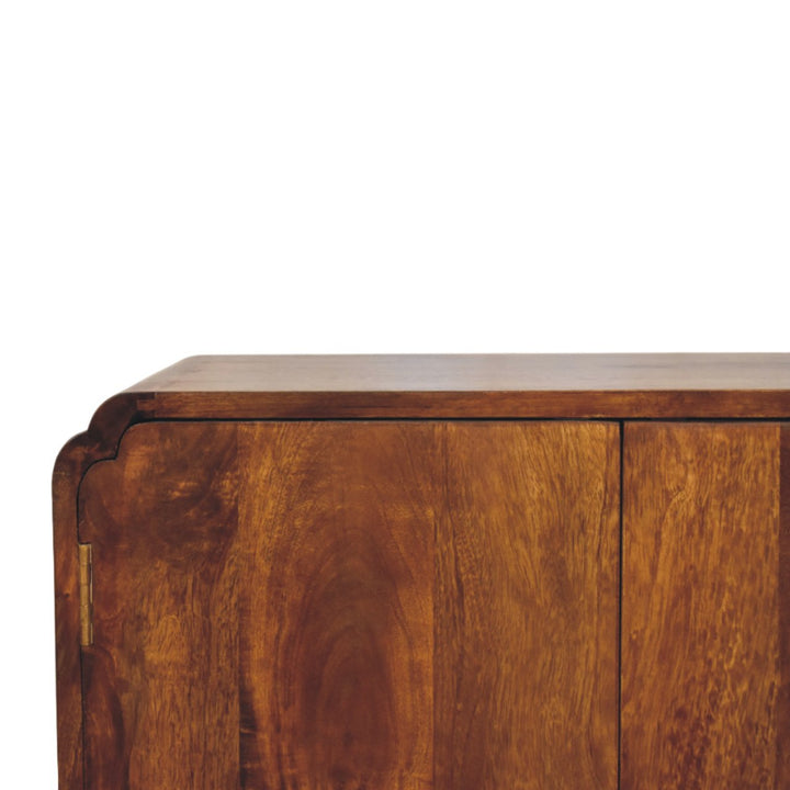 Brown Lacquered Chestnut Solid Mango Wood Double-Door Cabinet with Brass Knobs & Curved Design