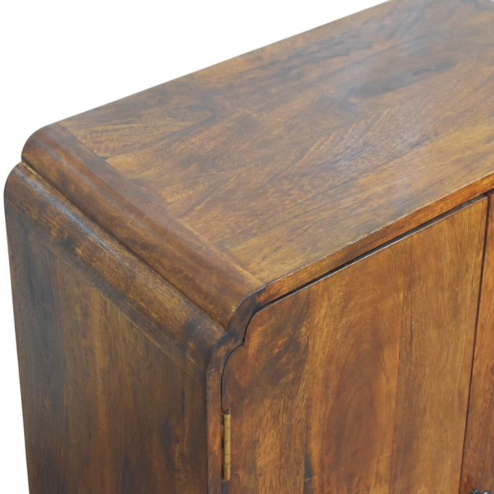 Brown Lacquered Chestnut Solid Mango Wood Double-Door Cabinet with Brass Knobs & Curved Design