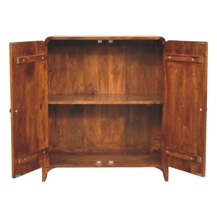 Brown Lacquered Chestnut Solid Mango Wood Double-Door Cabinet with Brass Knobs & Curved Design