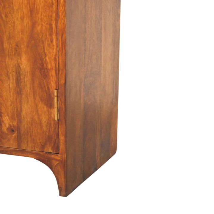 Brown Lacquered Chestnut Solid Mango Wood Double-Door Cabinet with Brass Knobs & Curved Design