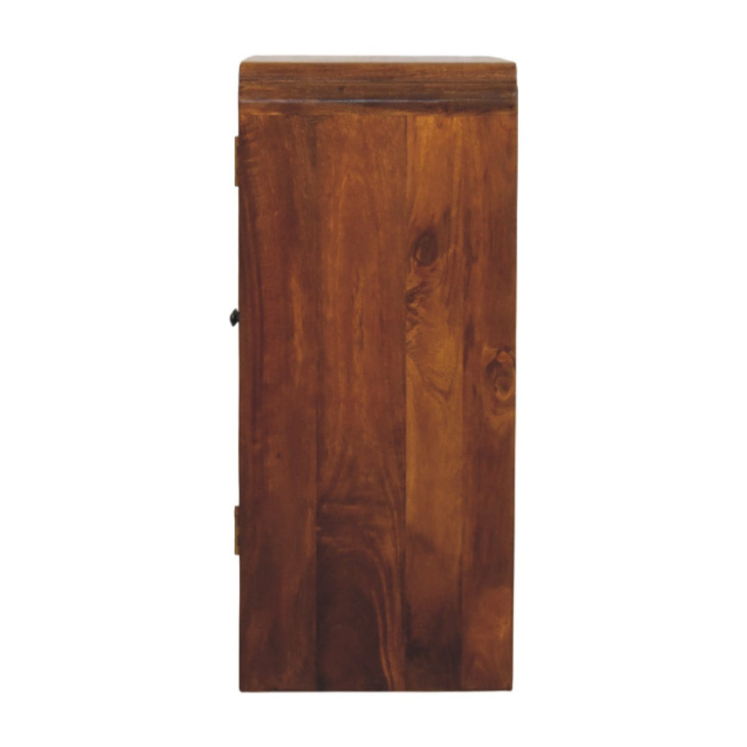 Brown Lacquered Chestnut Solid Mango Wood Double-Door Cabinet with Brass Knobs & Curved Design