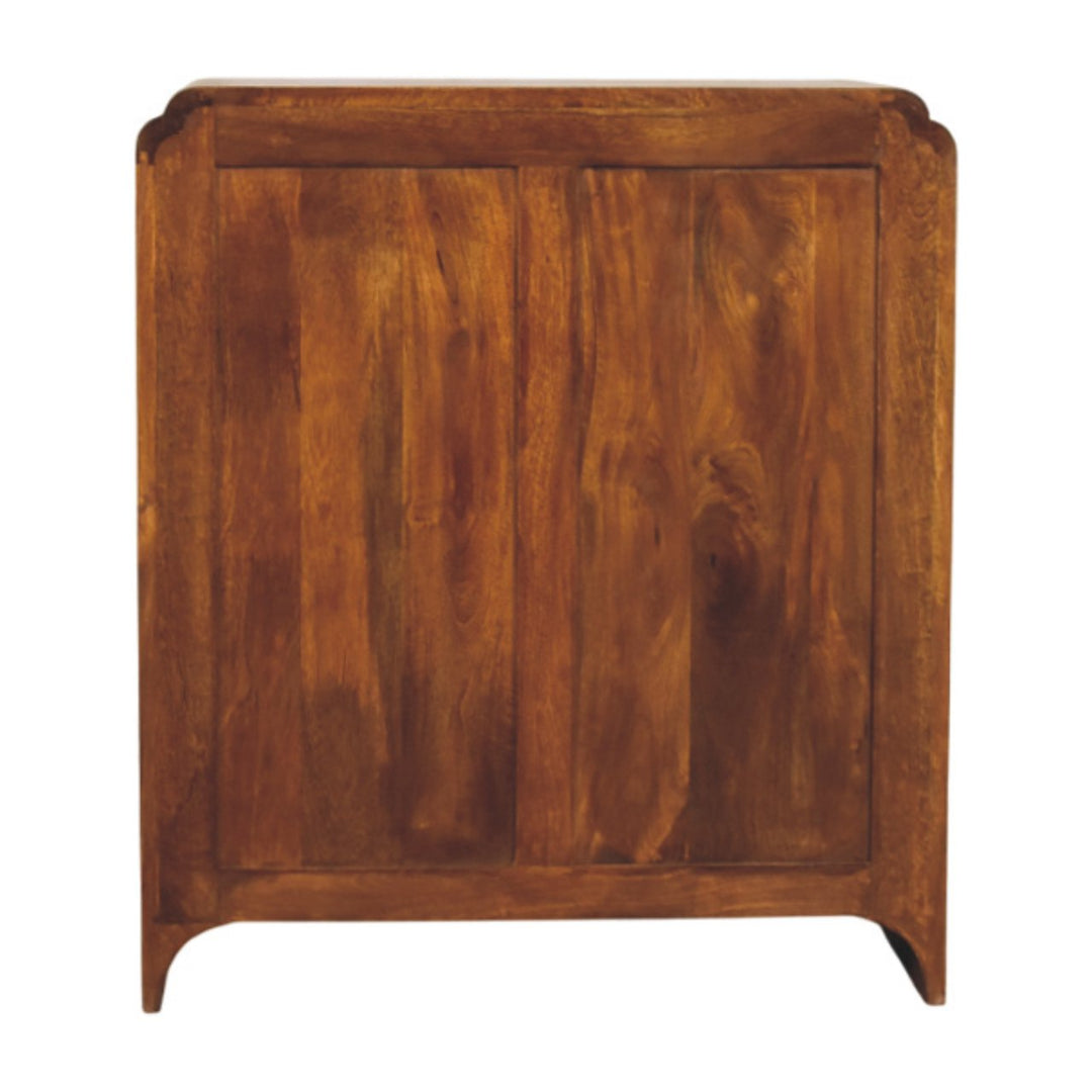 Brown Lacquered Chestnut Solid Mango Wood Double-Door Cabinet with Brass Knobs & Curved Design