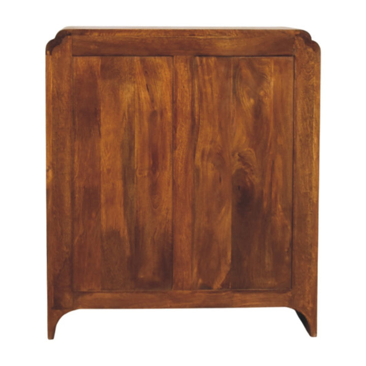 Brown Lacquered Chestnut Solid Mango Wood Double-Door Cabinet with Brass Knobs & Curved Design