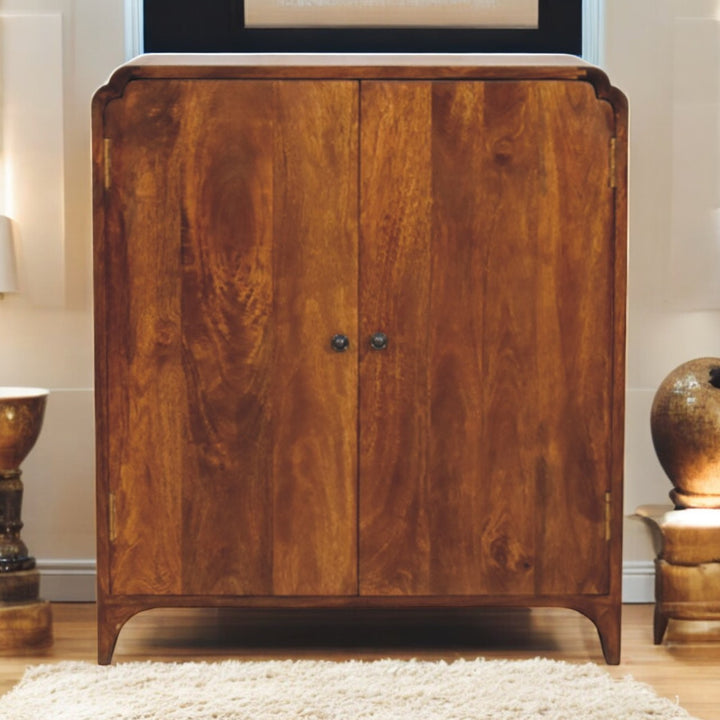 Brown Lacquered Chestnut Solid Mango Wood Double-Door Cabinet with Brass Knobs & Curved Design