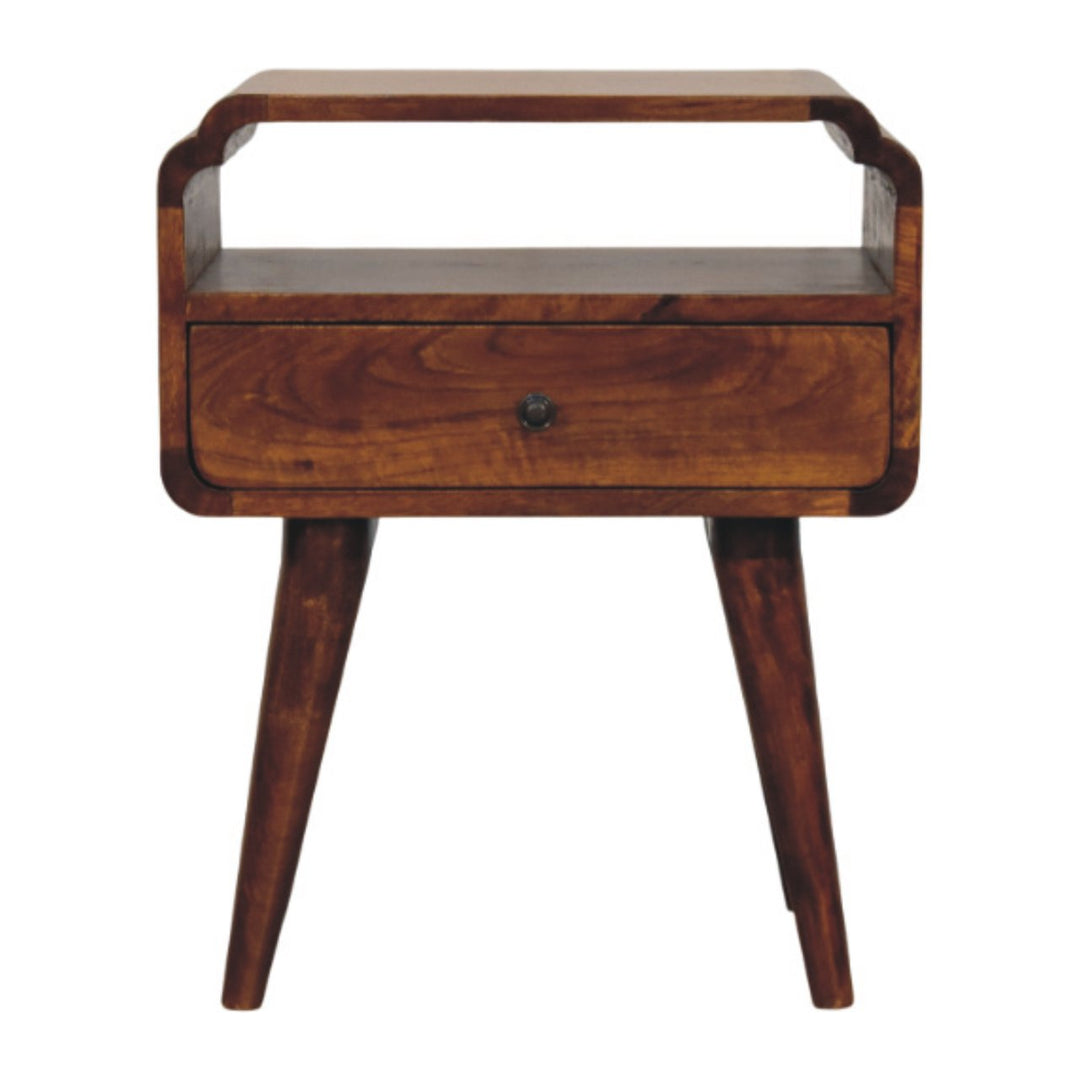 Brown Lacquered Light Oak Solid Mango Wood Newton Wall-Mounted Bedside Table with Open Shelf