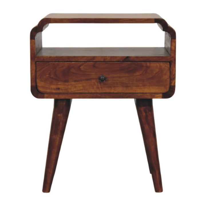 Brown Lacquered Light Oak Solid Mango Wood Newton Wall-Mounted Bedside Table with Open Shelf