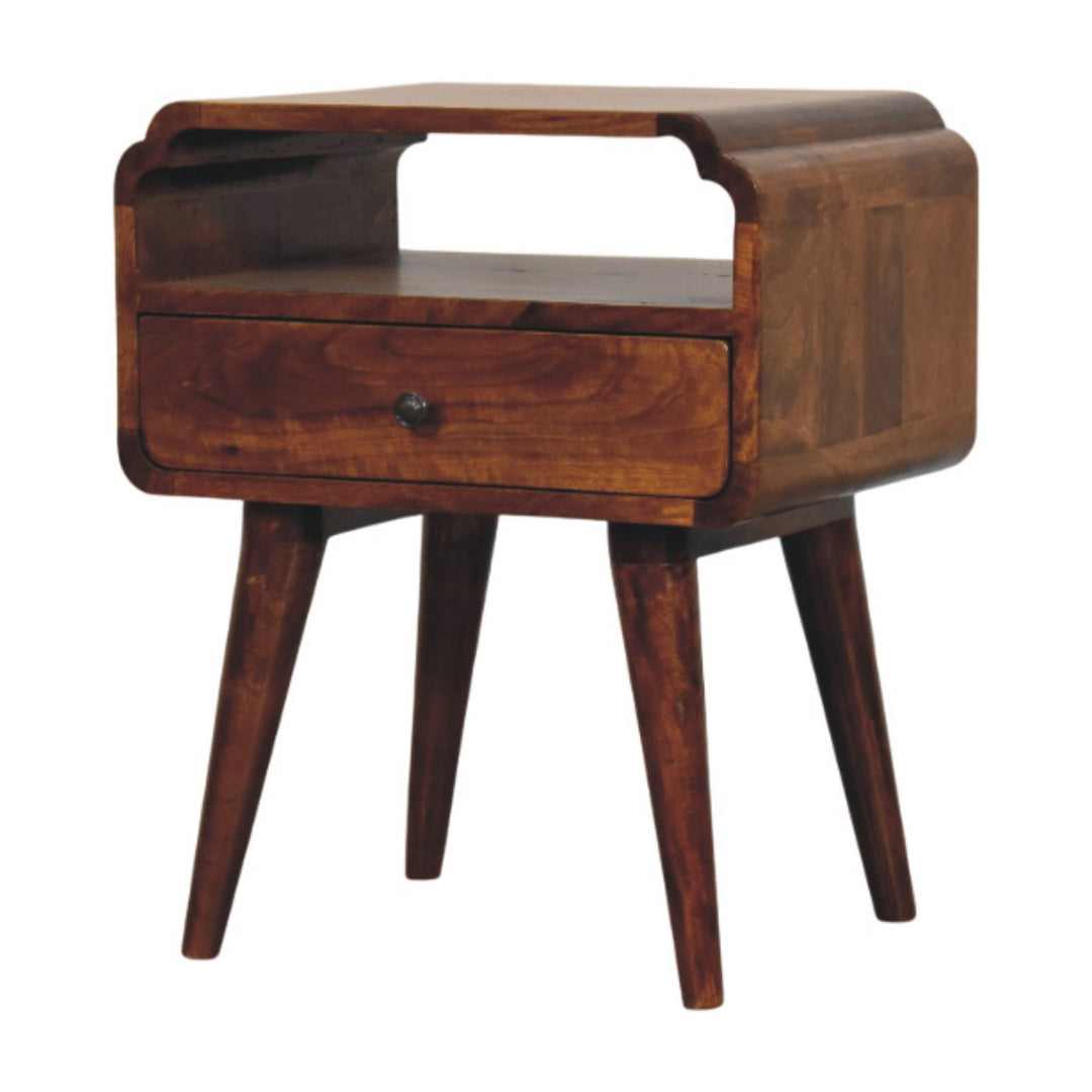 Brown Lacquered Light Oak Solid Mango Wood Newton Wall-Mounted Bedside Table with Open Shelf