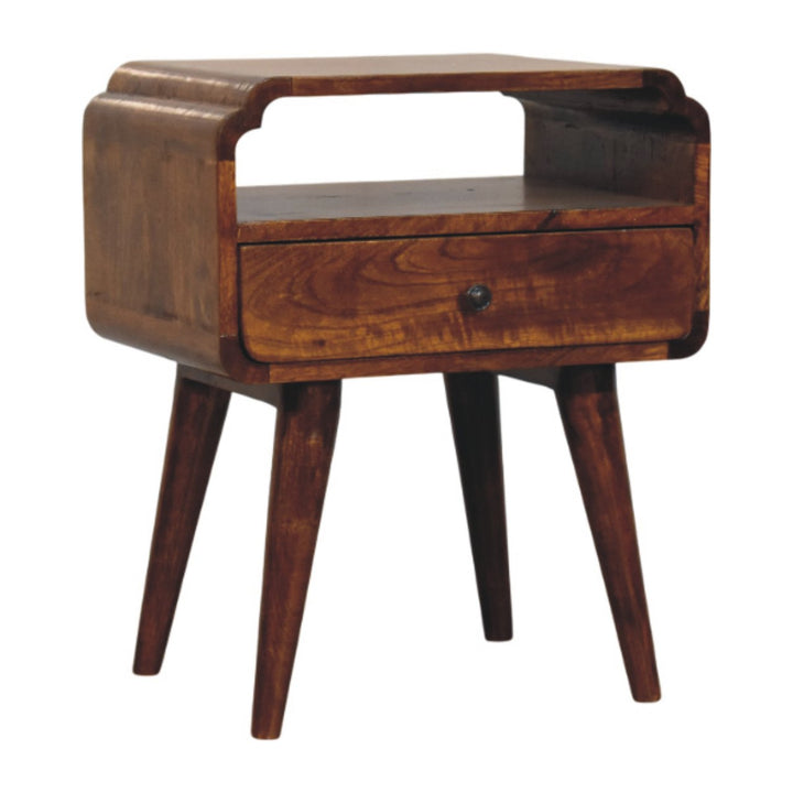 Brown Lacquered Light Oak Solid Mango Wood Newton Wall-Mounted Bedside Table with Open Shelf