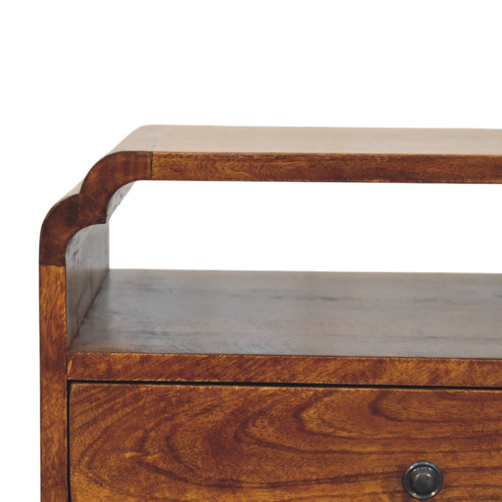 Brown Lacquered Light Oak Solid Mango Wood Newton Wall-Mounted Bedside Table with Open Shelf