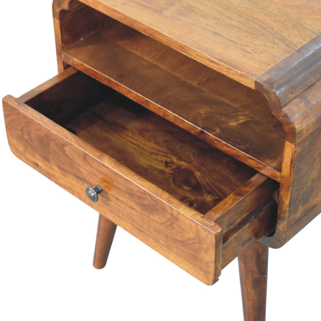 Brown Lacquered Light Oak Solid Mango Wood Newton Wall-Mounted Bedside Table with Open Shelf