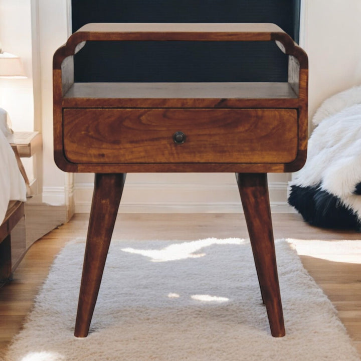 Brown Lacquered Light Oak Solid Mango Wood Newton Wall-Mounted Bedside Table with Open Shelf