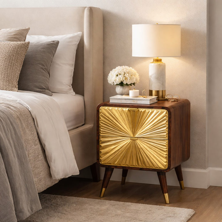 Brown Matt Solid Mango Wood Avora Brass-Embossed Chestnut Nightstand with Sunburst Cabinet Doors