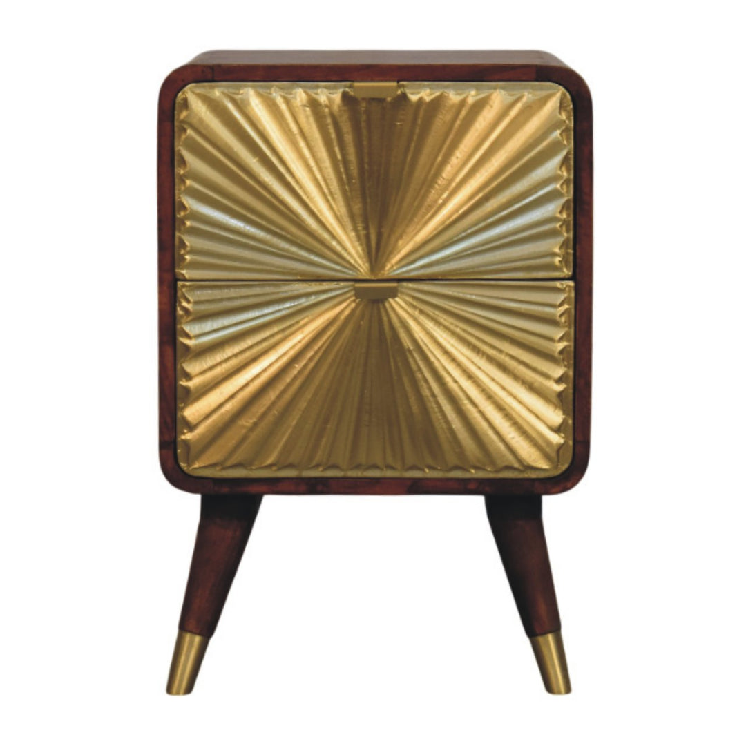 Brown Matt Solid Mango Wood Avora Brass-Embossed Chestnut Nightstand with Sunburst Cabinet Doors