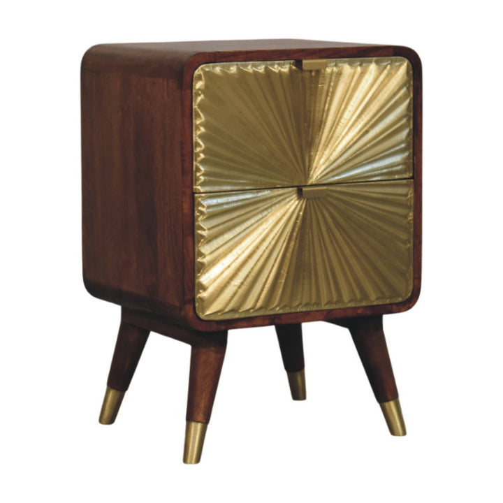 Brown Matt Solid Mango Wood Avora Brass-Embossed Chestnut Nightstand with Sunburst Cabinet Doors