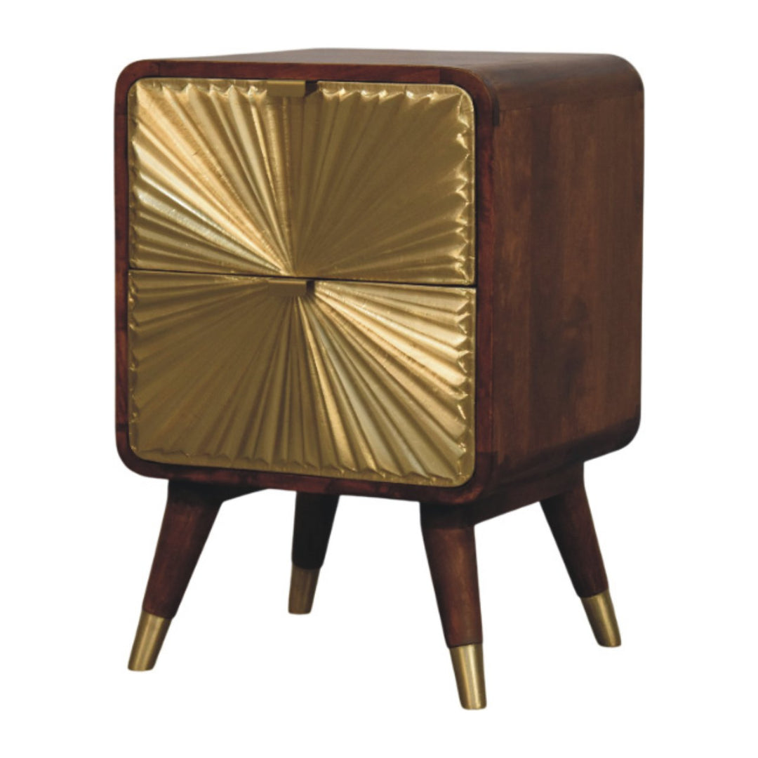 Brown Matt Solid Mango Wood Avora Brass-Embossed Chestnut Nightstand with Sunburst Cabinet Doors