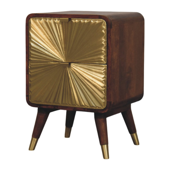 Brown Matt Solid Mango Wood Avora Brass-Embossed Chestnut Nightstand with Sunburst Cabinet Doors