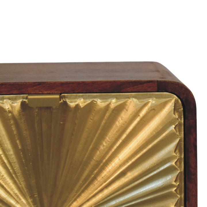 Brown Matt Solid Mango Wood Avora Brass-Embossed Chestnut Nightstand with Sunburst Cabinet Doors