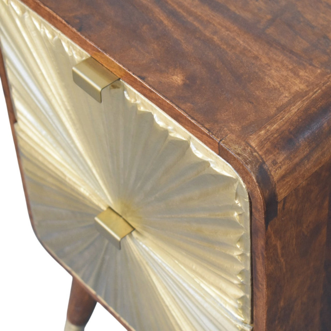 Brown Matt Solid Mango Wood Avora Brass-Embossed Chestnut Nightstand with Sunburst Cabinet Doors