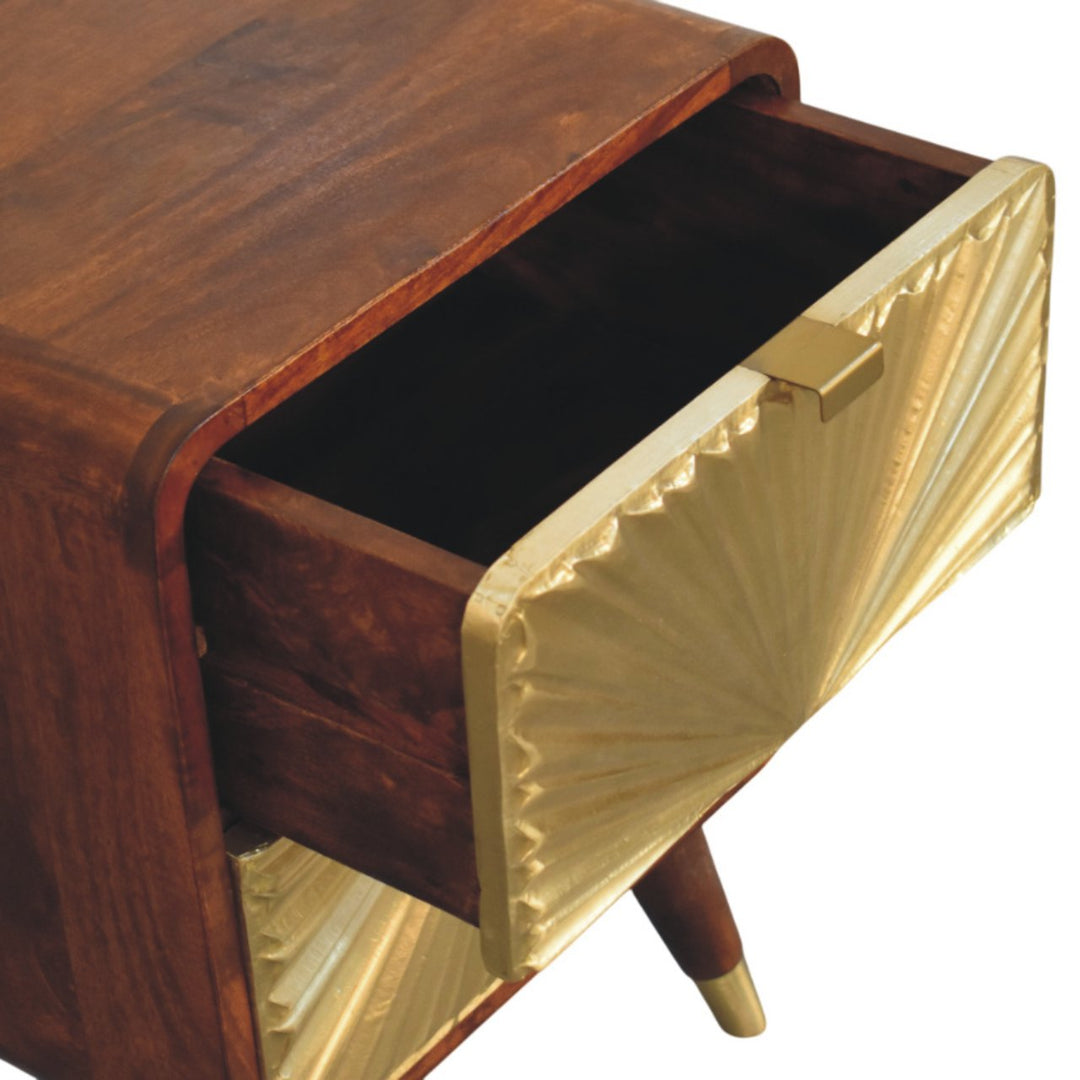 Brown Matt Solid Mango Wood Avora Brass-Embossed Chestnut Nightstand with Sunburst Cabinet Doors