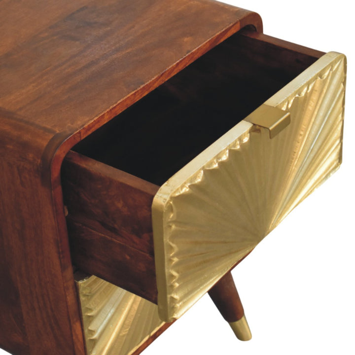 Brown Matt Solid Mango Wood Avora Brass-Embossed Chestnut Nightstand with Sunburst Cabinet Doors
