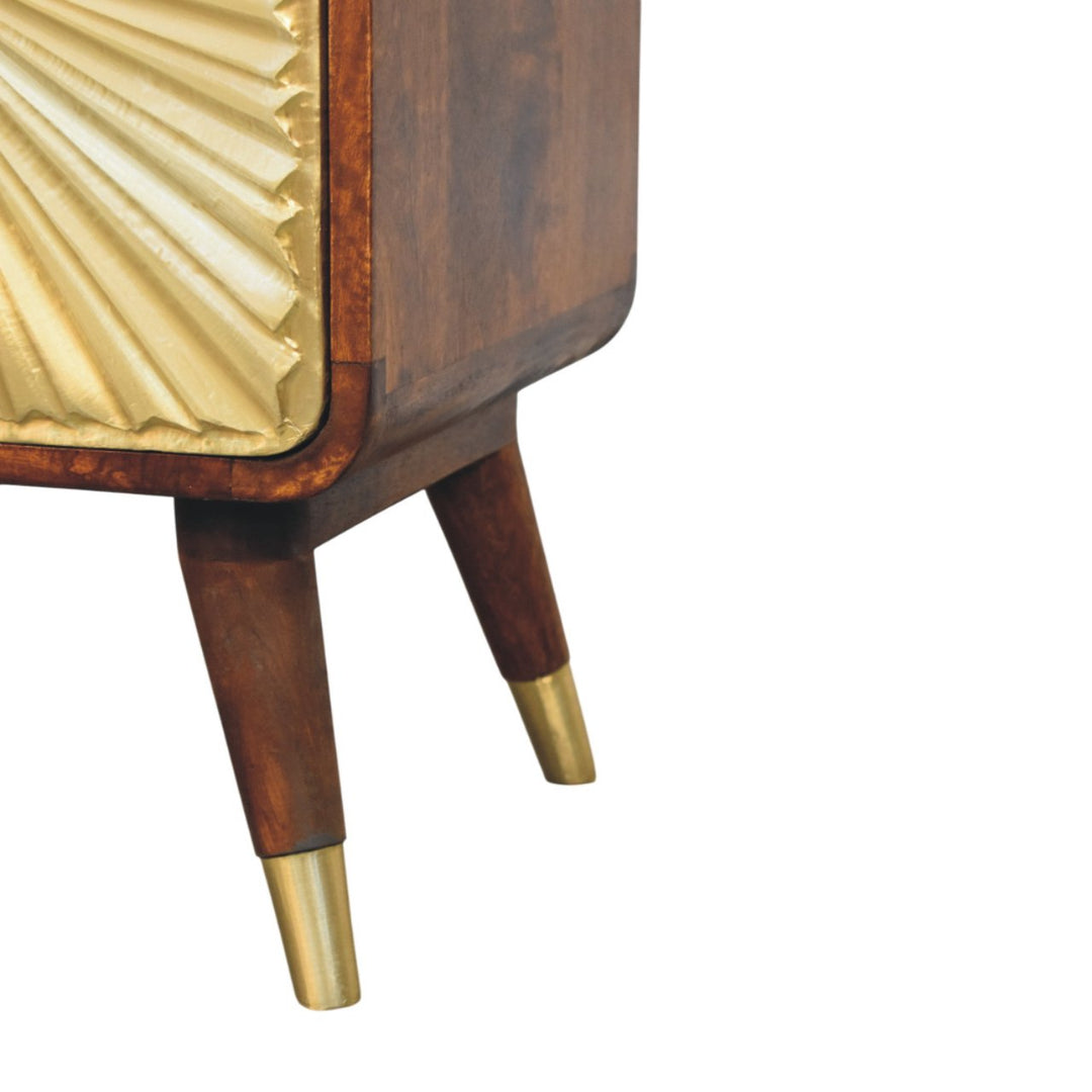 Brown Matt Solid Mango Wood Avora Brass-Embossed Chestnut Nightstand with Sunburst Cabinet Doors