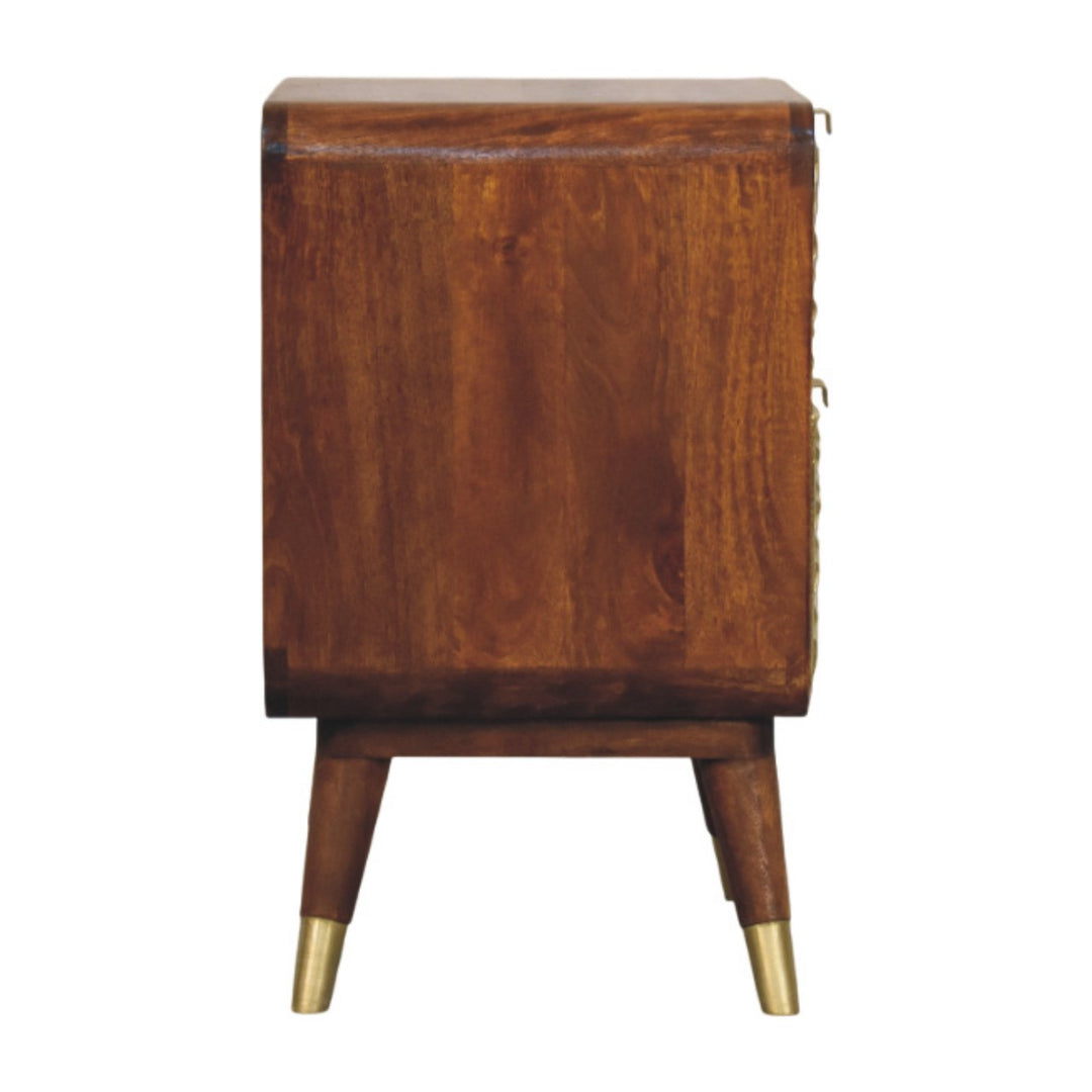 Brown Matt Solid Mango Wood Avora Brass-Embossed Chestnut Nightstand with Sunburst Cabinet Doors