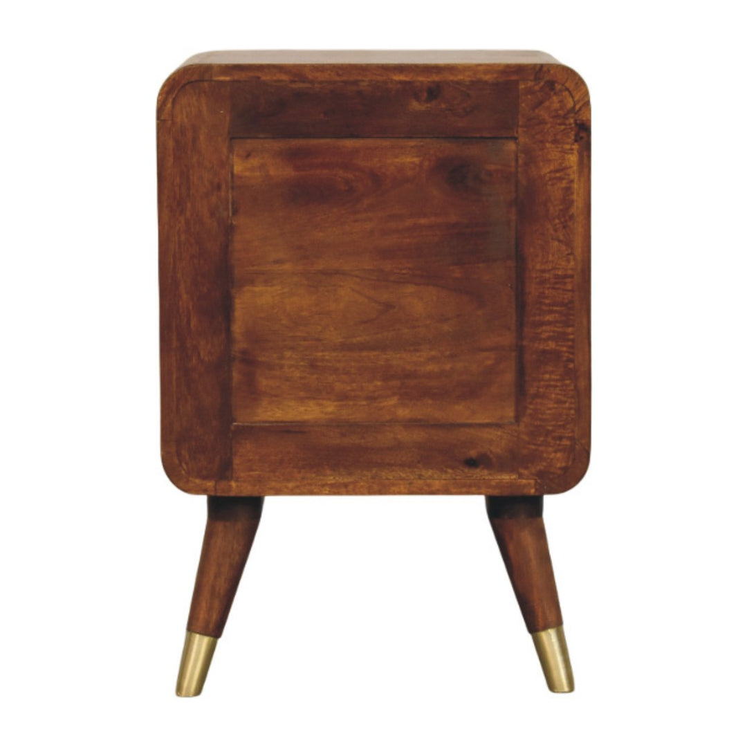 Brown Matt Solid Mango Wood Avora Brass-Embossed Chestnut Nightstand with Sunburst Cabinet Doors