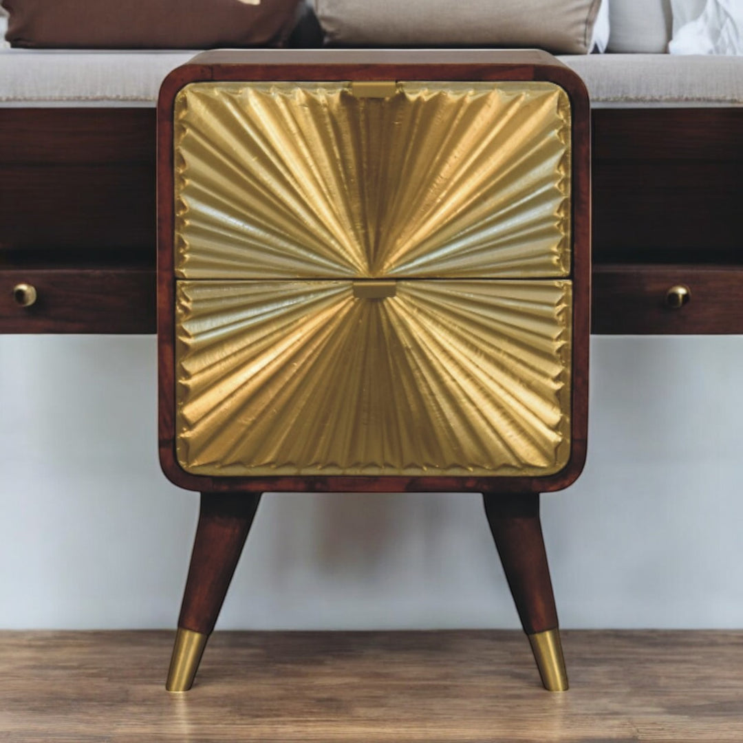 Brown Matt Solid Mango Wood Avora Brass-Embossed Chestnut Nightstand with Sunburst Cabinet Doors