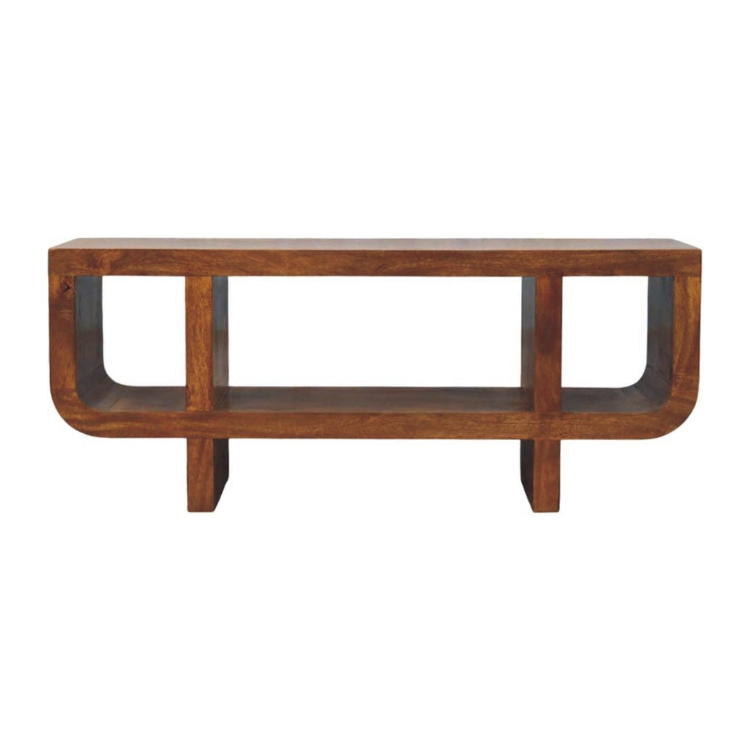 Brown Satined Chestnut Solid Mango Wood Orion Curved TV Stand with Block Legs