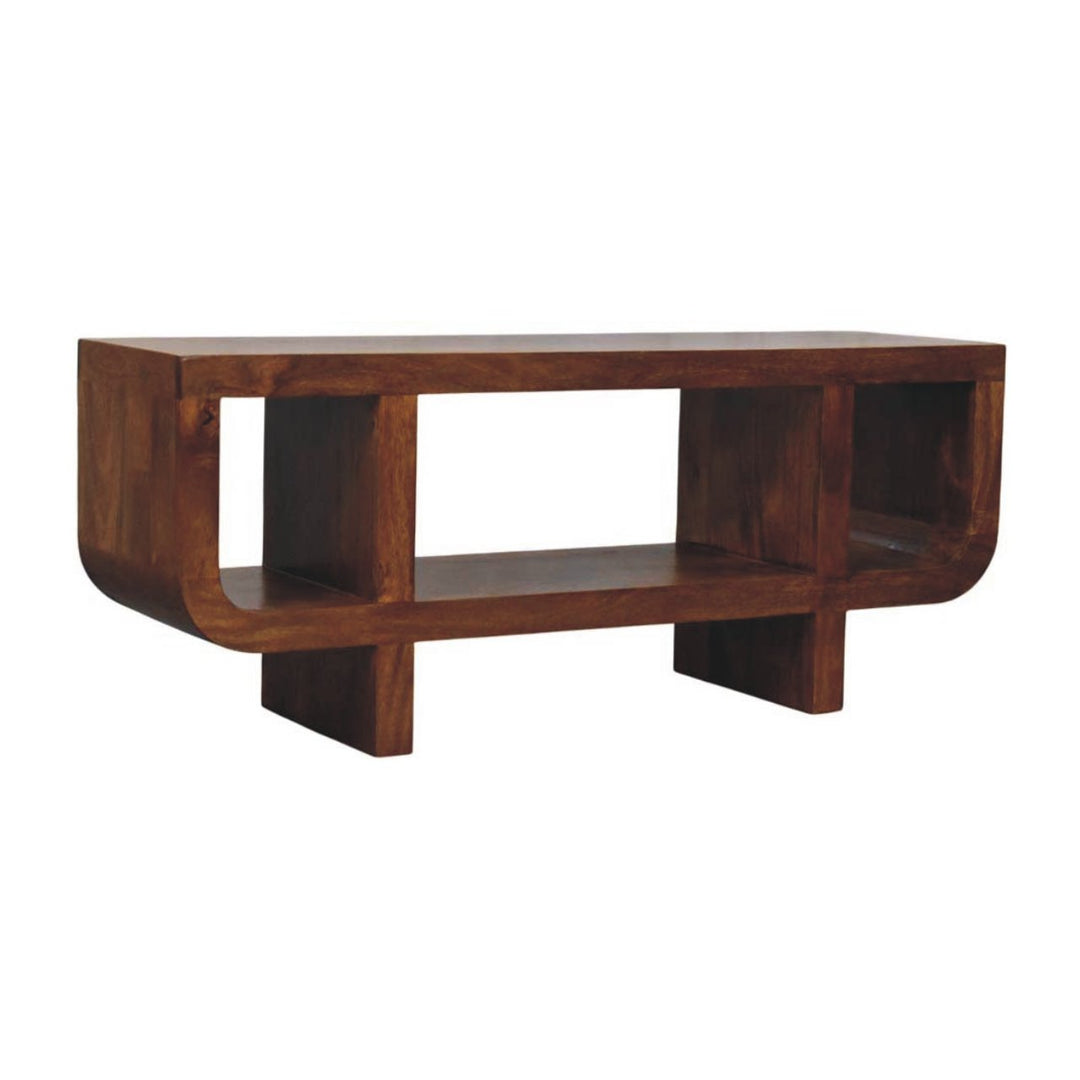 Brown Satined Chestnut Solid Mango Wood Orion Curved TV Stand with Block Legs