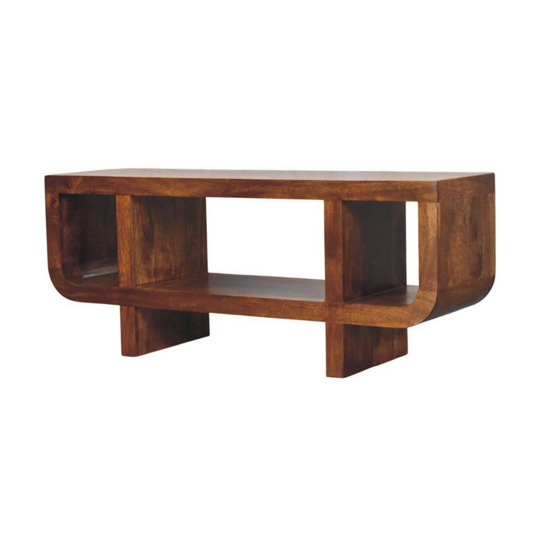 Brown Satined Chestnut Solid Mango Wood Orion Curved TV Stand with Block Legs