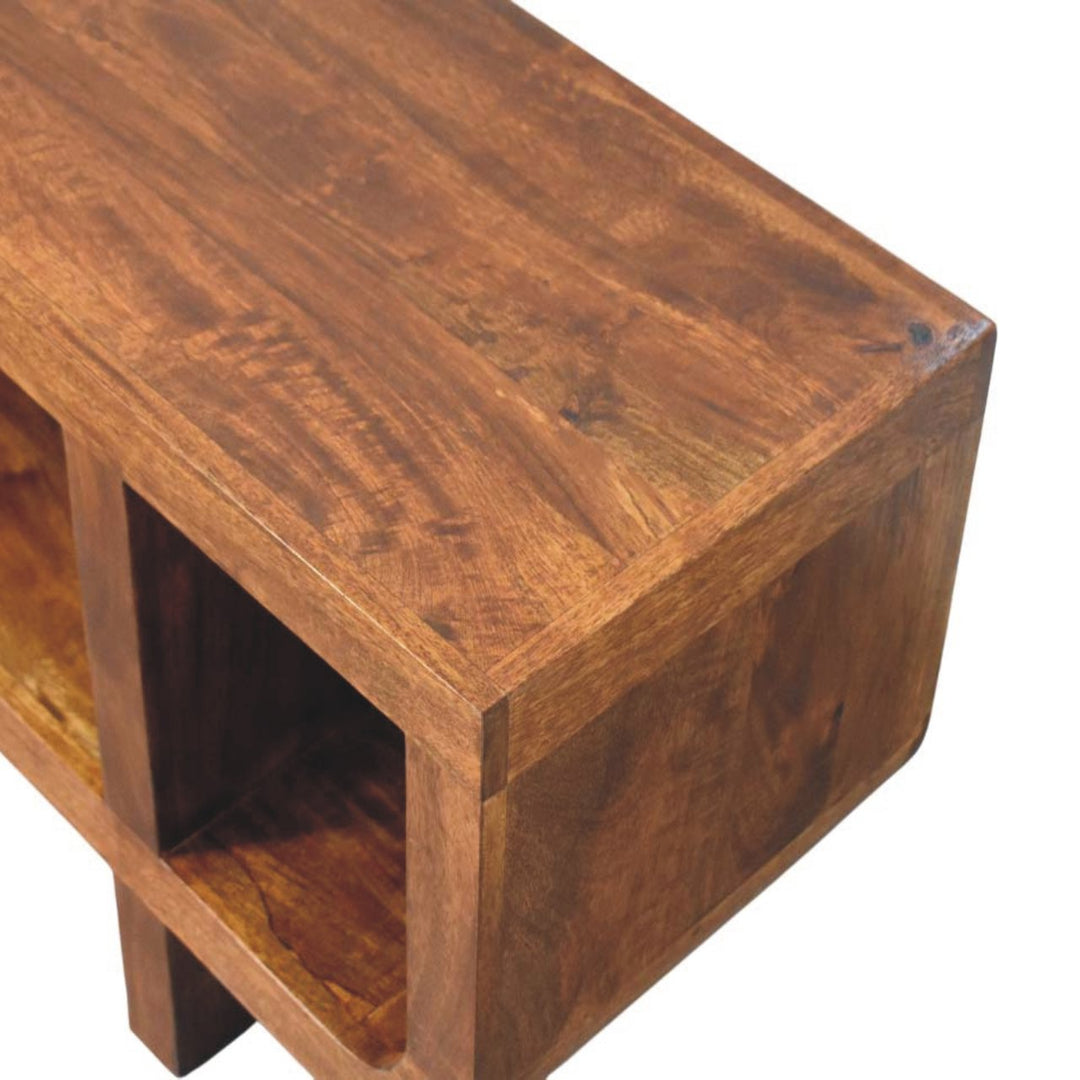 Brown Satined Chestnut Solid Mango Wood Orion Curved TV Stand with Block Legs