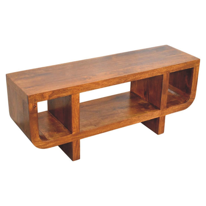 Brown Satined Chestnut Solid Mango Wood Orion Curved TV Stand with Block Legs