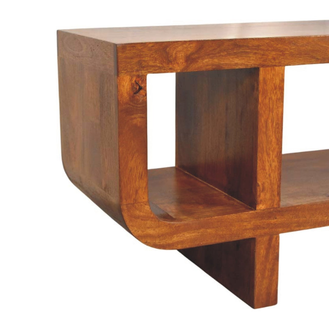 Brown Satined Chestnut Solid Mango Wood Orion Curved TV Stand with Block Legs
