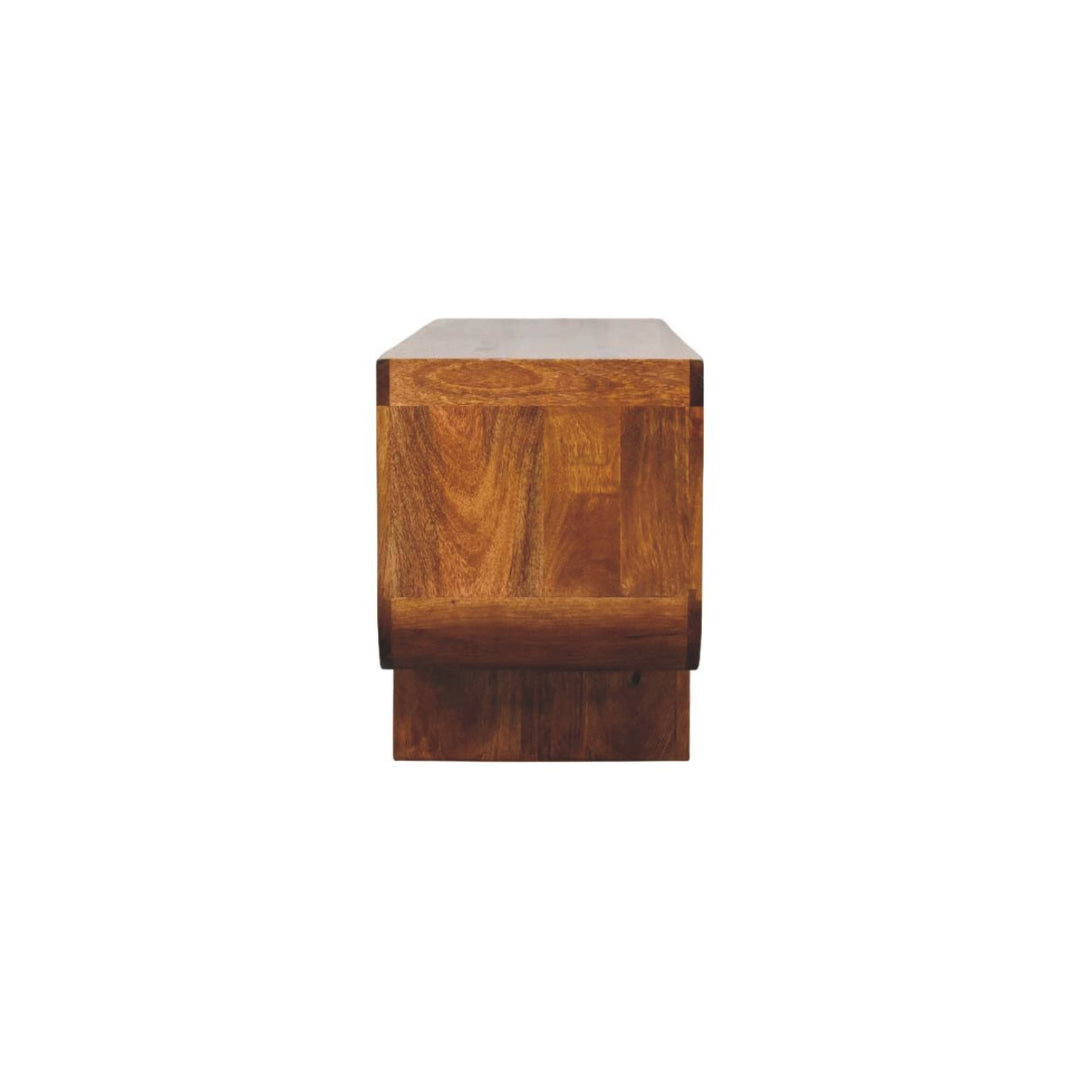 Brown Satined Chestnut Solid Mango Wood Orion Curved TV Stand with Block Legs