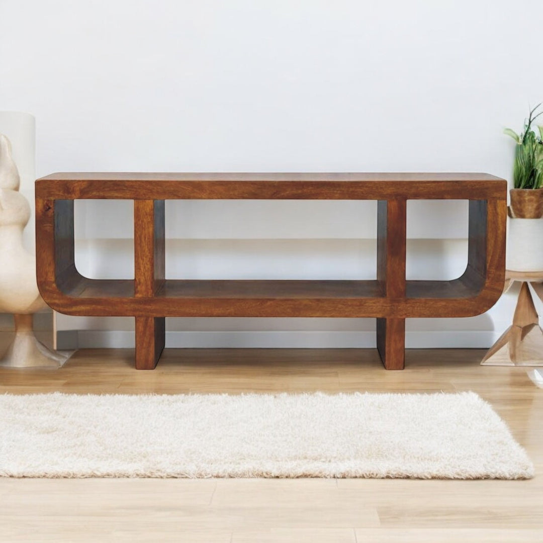 Brown Satined Chestnut Solid Mango Wood Orion Curved TV Stand with Block Legs