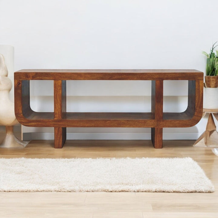 Brown Satined Chestnut Solid Mango Wood Orion Curved TV Stand with Block Legs