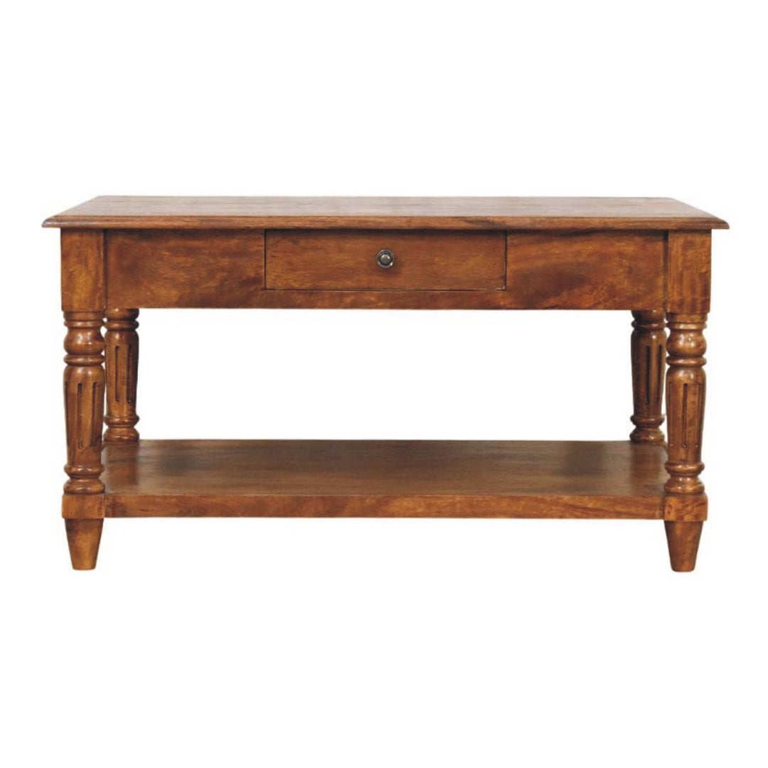 Brown Lacquered Chestnut Solid Mango Wood Coffee Table with Turned Legs, Lower Shelf & Brass Knobs