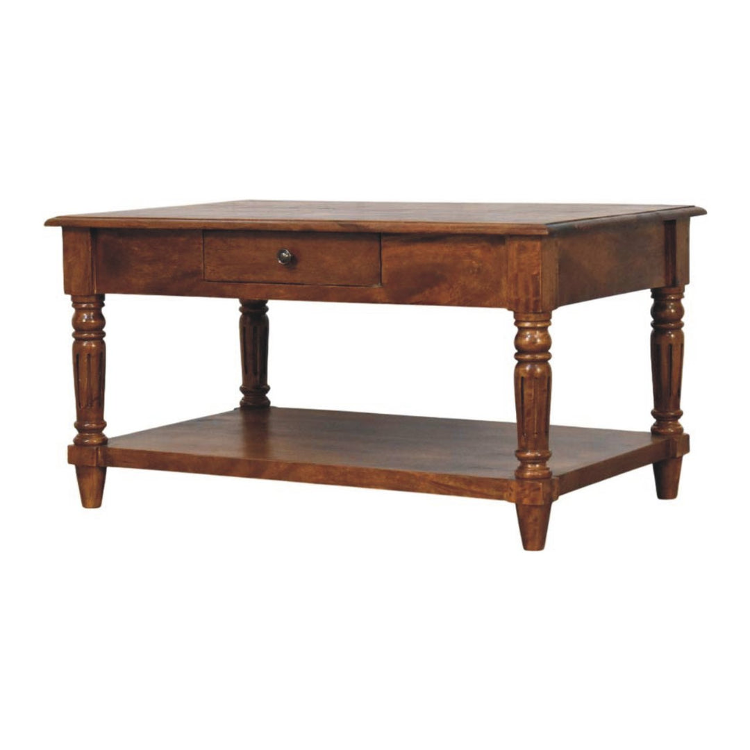 Brown Lacquered Chestnut Solid Mango Wood Coffee Table with Turned Legs, Lower Shelf & Brass Knobs