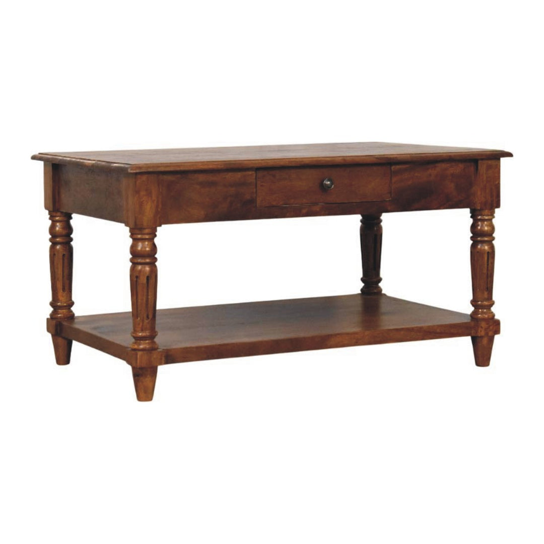 Brown Lacquered Chestnut Solid Mango Wood Coffee Table with Turned Legs, Lower Shelf & Brass Knobs