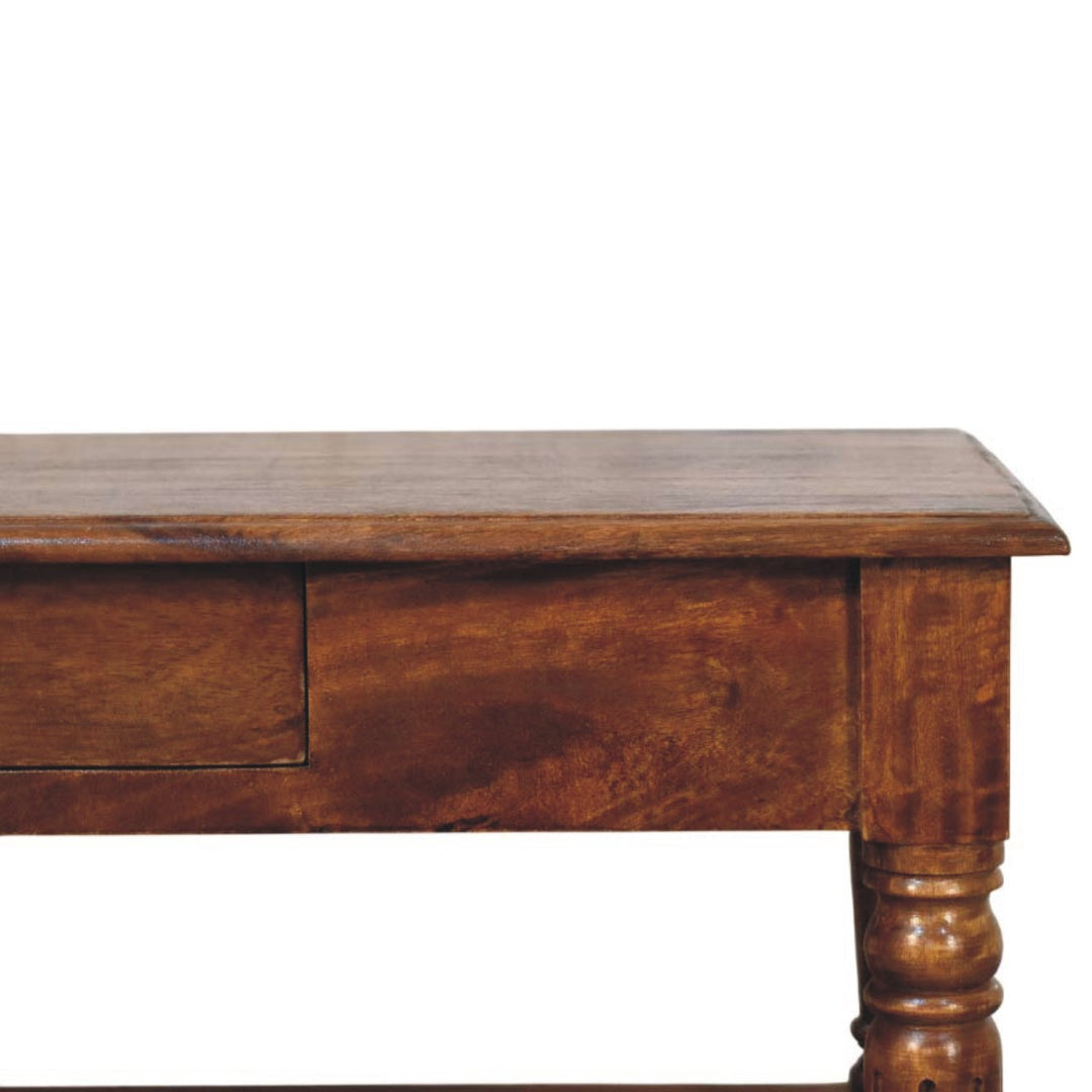Brown Lacquered Chestnut Solid Mango Wood Coffee Table with Turned Legs, Lower Shelf & Brass Knobs