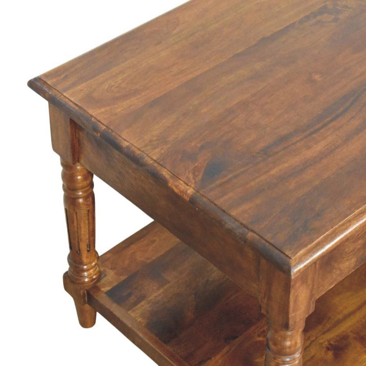 Brown Lacquered Chestnut Solid Mango Wood Coffee Table with Turned Legs, Lower Shelf & Brass Knobs