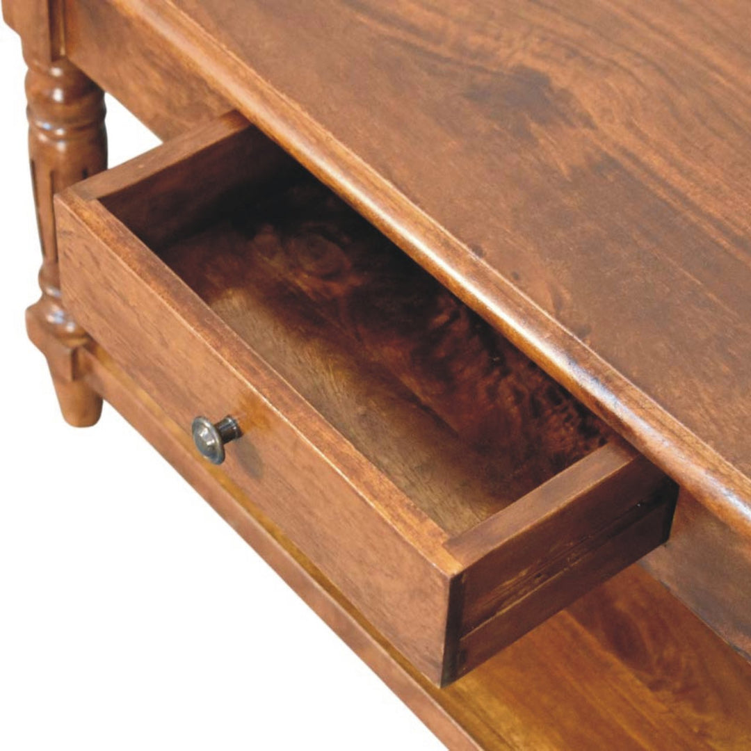 Brown Lacquered Chestnut Solid Mango Wood Coffee Table with Turned Legs, Lower Shelf & Brass Knobs