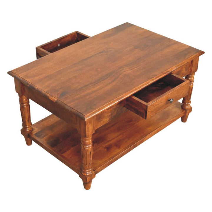 Brown Lacquered Chestnut Solid Mango Wood Coffee Table with Turned Legs, Lower Shelf & Brass Knobs