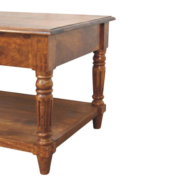 Brown Lacquered Chestnut Solid Mango Wood Coffee Table with Turned Legs, Lower Shelf & Brass Knobs
