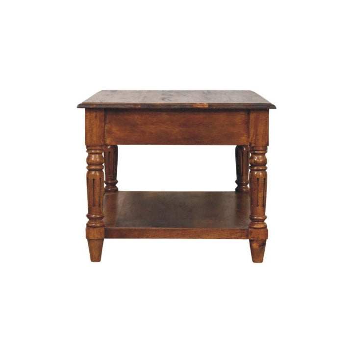 Brown Lacquered Chestnut Solid Mango Wood Coffee Table with Turned Legs, Lower Shelf & Brass Knobs