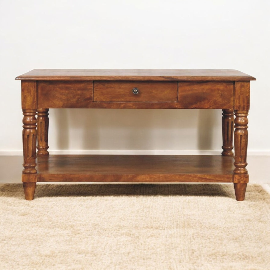 Brown Lacquered Chestnut Solid Mango Wood Coffee Table with Turned Legs, Lower Shelf & Brass Knobs