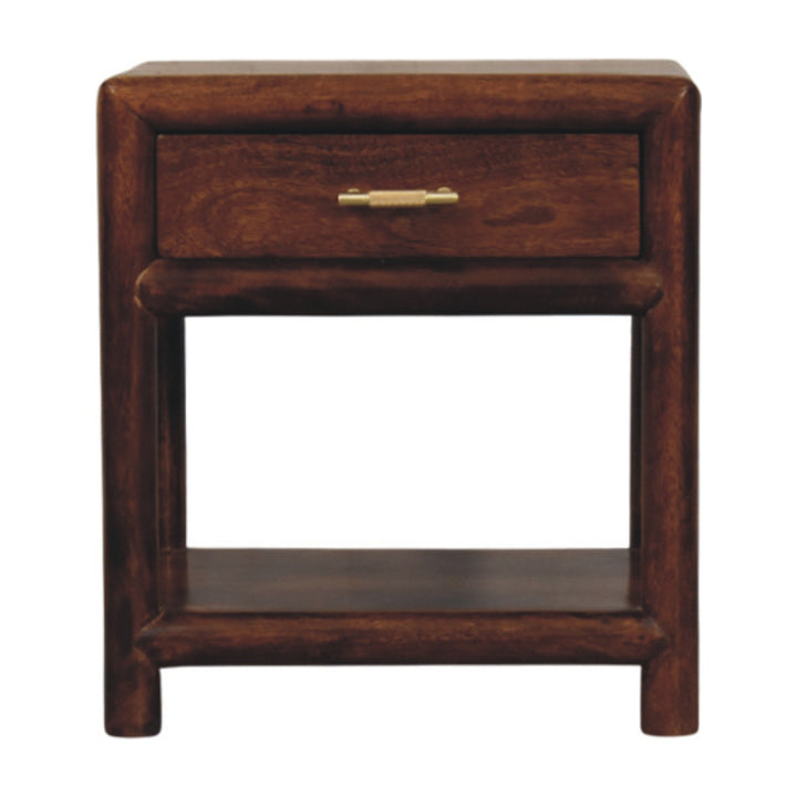 Brown Lacquered Roasted Almond Solid Mango Wood Regency Chestnut Bench with Brown Leather Seat