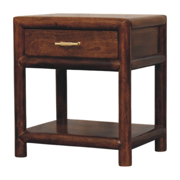 Brown Lacquered Roasted Almond Solid Mango Wood Regency Chestnut Bench with Brown Leather Seat