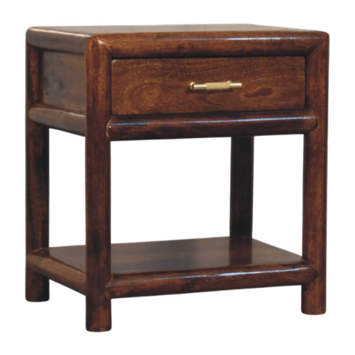 Brown Lacquered Roasted Almond Solid Mango Wood Regency Chestnut Bench with Brown Leather Seat